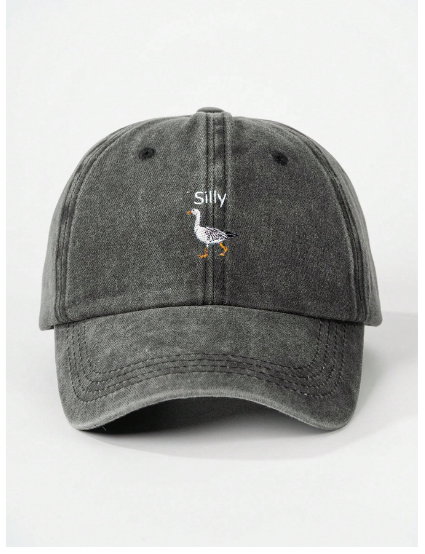 Boutique Embroidered Silly Goose Washed Baseball Cap - Grey