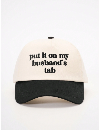 Boutique Embroidered "Put It On My Husband's Tab" Baseball Cap - Tan/Black